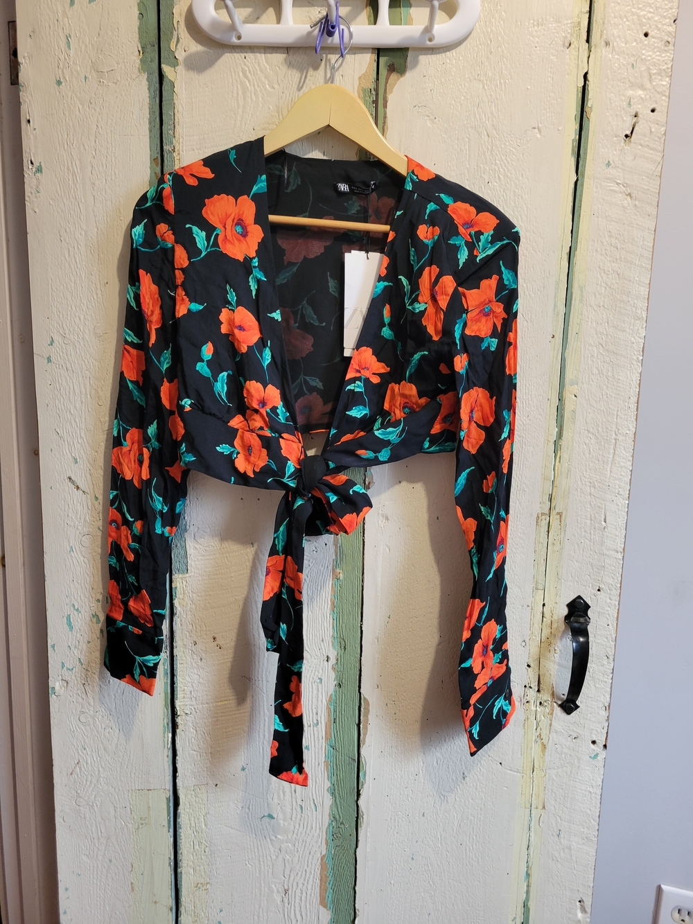 Zara Black Tie Front Crop Top/Cover Up with Orange Floral Print